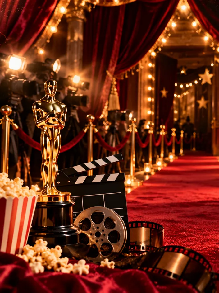 Alfombra roja con cámaras y una estatuilla de premio