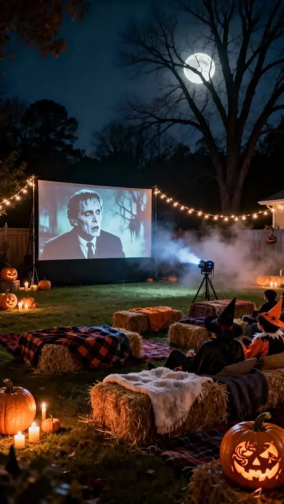 Cine al aire libre con pantalla, mantas y calabazas